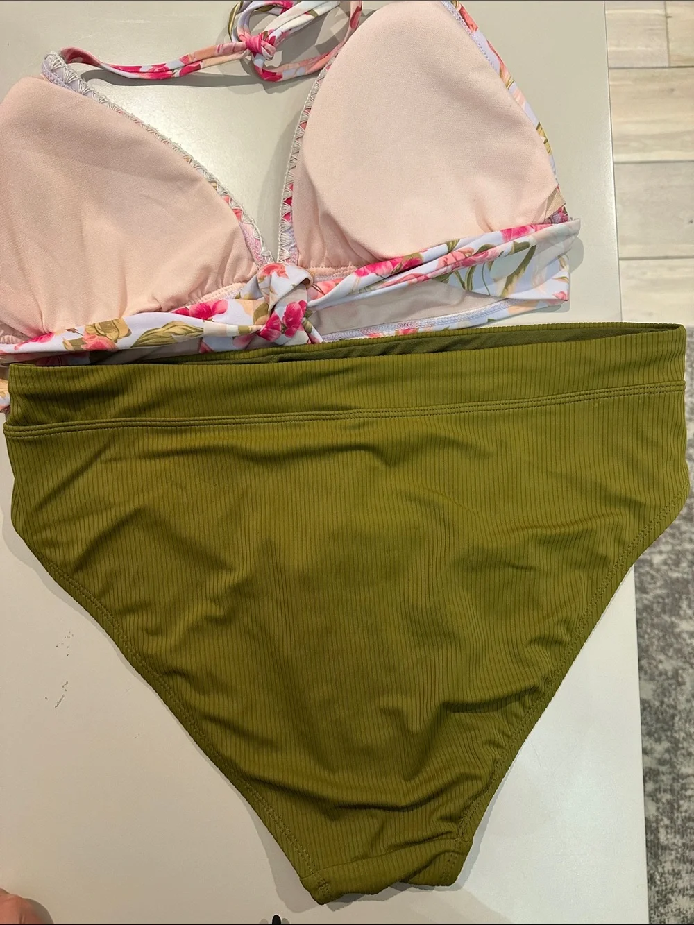 Set of White and Floral Triangle Bikini top and Green High Rise Bottoms